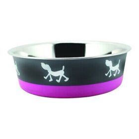 Stainless Steel Pet Bowl with Anti Skid Rubber Base and Dog Design, Gray Pink